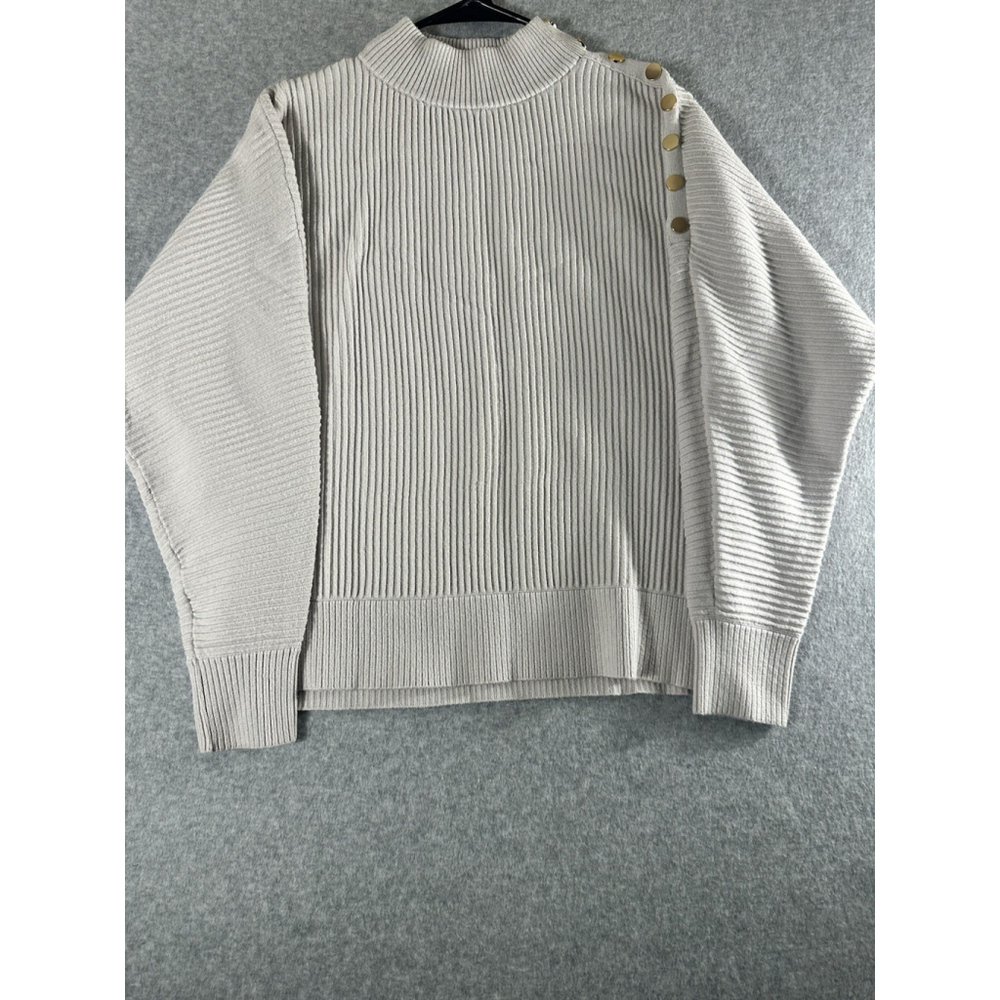 Tahari Women’s Ribbed Mock Neck Sweater Beige Gold Button Shoulder M/M